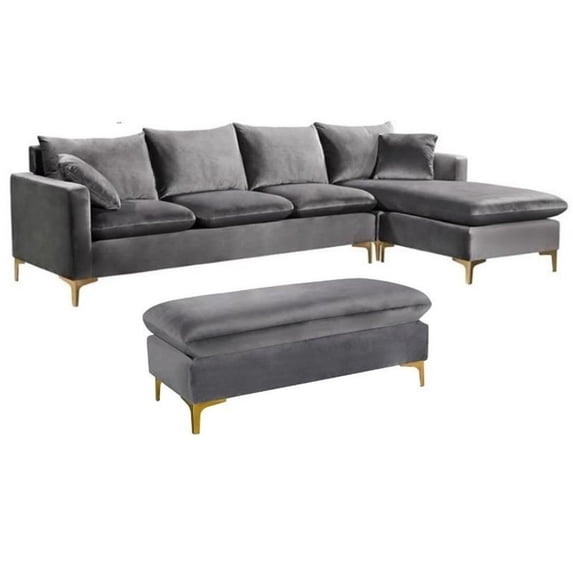 Home Square 2-Piece Set with Velvet Reversible Sectional and Ottoman in Gray