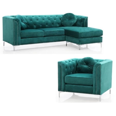 Home Square 2-Piece Set with Velvet Sofa Chaise and Chair in Green