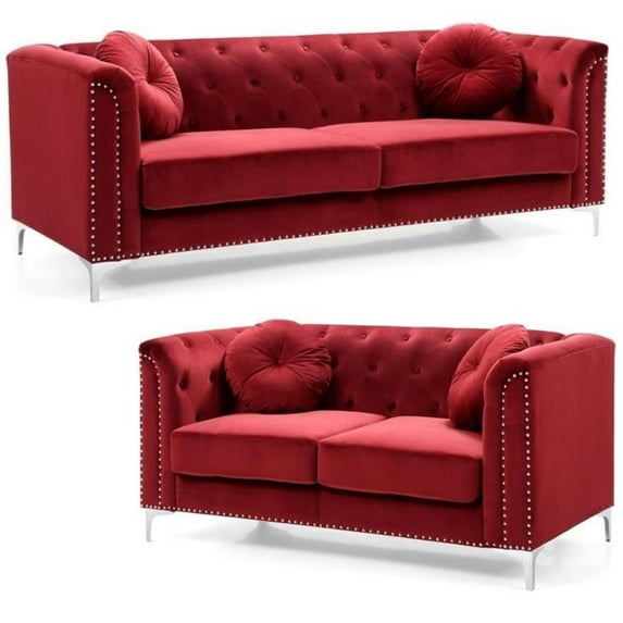 Home Square 2-Piece Set with Velvet Sofa and Loveseat in Burgundy