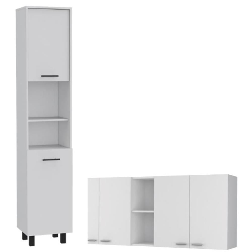 White Engineered Wood Wall and Pantry Cabinet Set