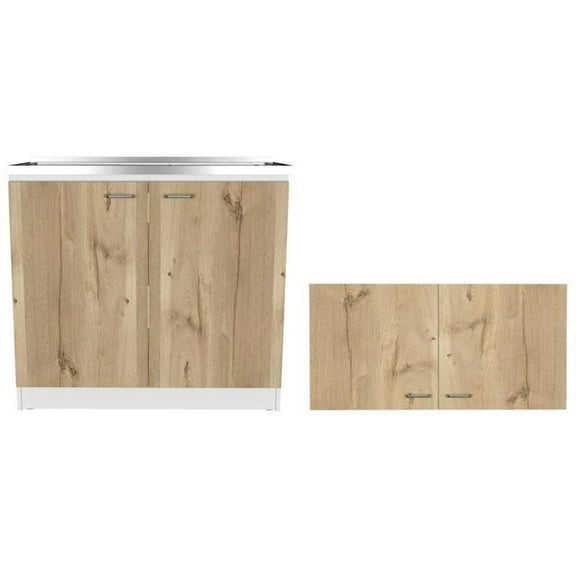 Home Square 2-Piece Set with Wall Cabinet and Utility Sink in White & Light Oak