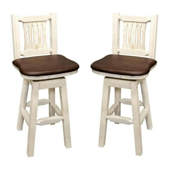 Home Square 2 Piece Slat Back Handcrafted Swivel Wood Barstool Set in Natural