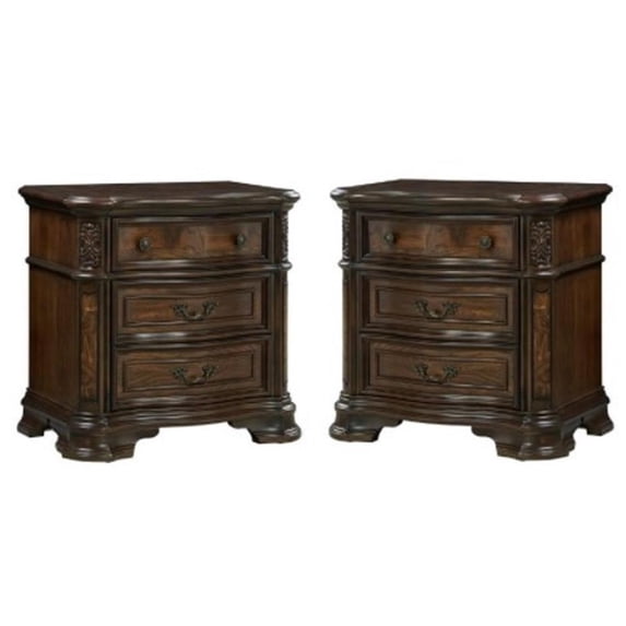 Home Square 2 Piece Solid Wood Nightstand Set with 3 Drawer in Brown Cherry