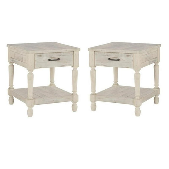 Home Square 2 Piece Solid Wood Rectangular End Table Set in Whitewash