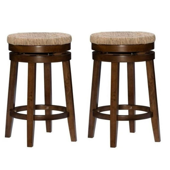 Home Square 2 Piece Solid Wood Swivel Rush Counter Stool Set in Walnut Brown