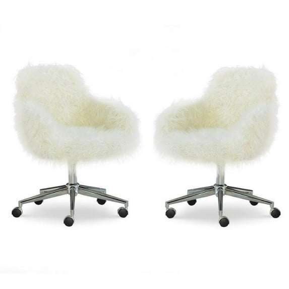 Home Square 2 Piece Swivel Faux Fur Polyester Office Chair Set in White