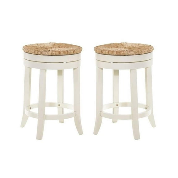 Home Square 2 Piece Swivel Rush Seat Counter Stool Set in Antique White