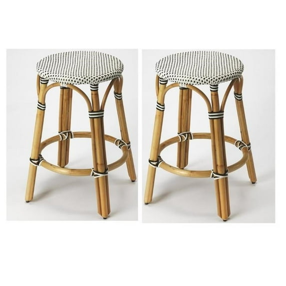 Home Square 2 Piece Traditional Rattan Counter Stool Set in Black