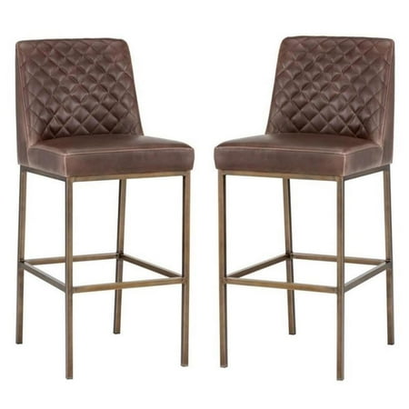 Home Square 2 Piece Transitional Faux Leather Barstool Set in Brown/Brass