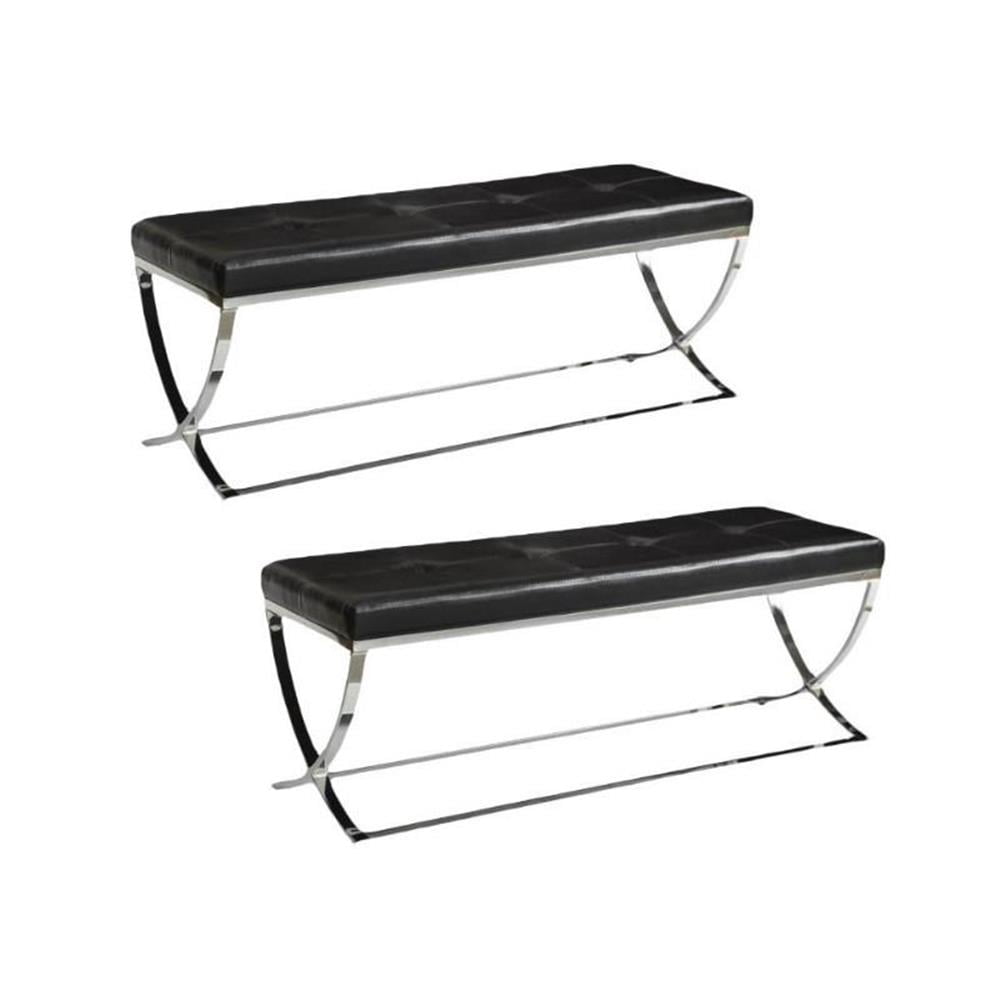 Black Faux Leather and Chrome Tufted Accent Bench Set