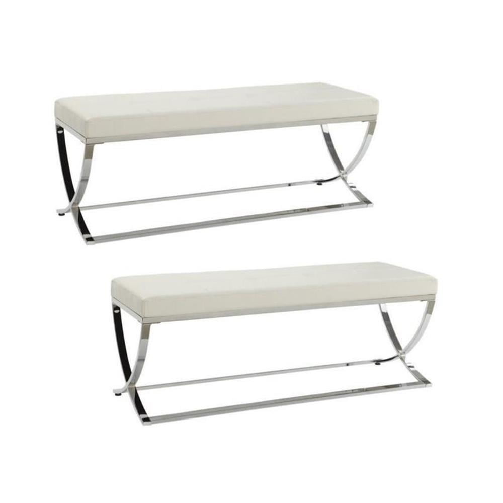 White Leatherette and Chrome Tufted Accent Bench Set