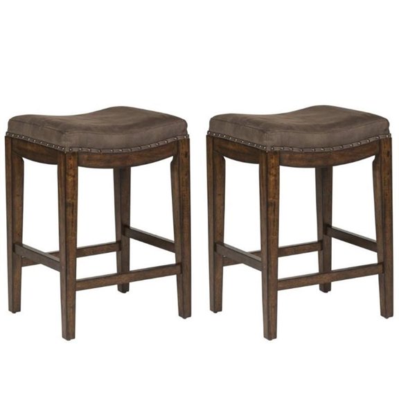 Home Square 2 Piece Upholstered Saddle Wood Barstool Set in Walnut Gray
