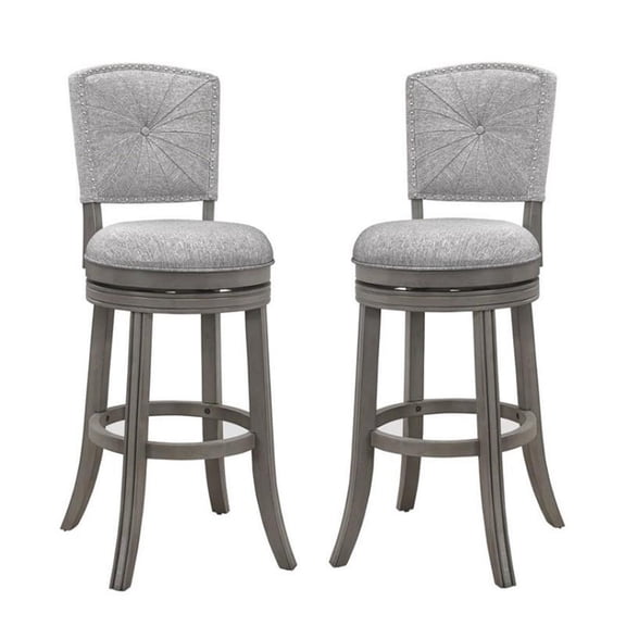 Home Square 2 Piece Upholstered Swivel Wood Bar Stool Set in Antique Gray