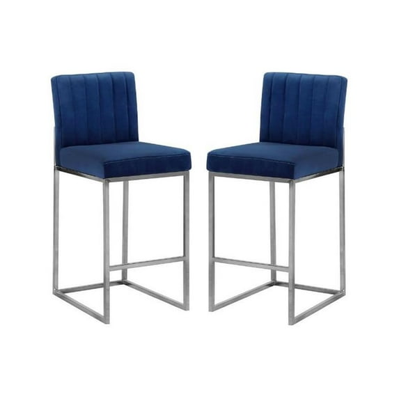 Home Square 2 Piece Upholstered Velvet Counter Stool Set in Navy Blue