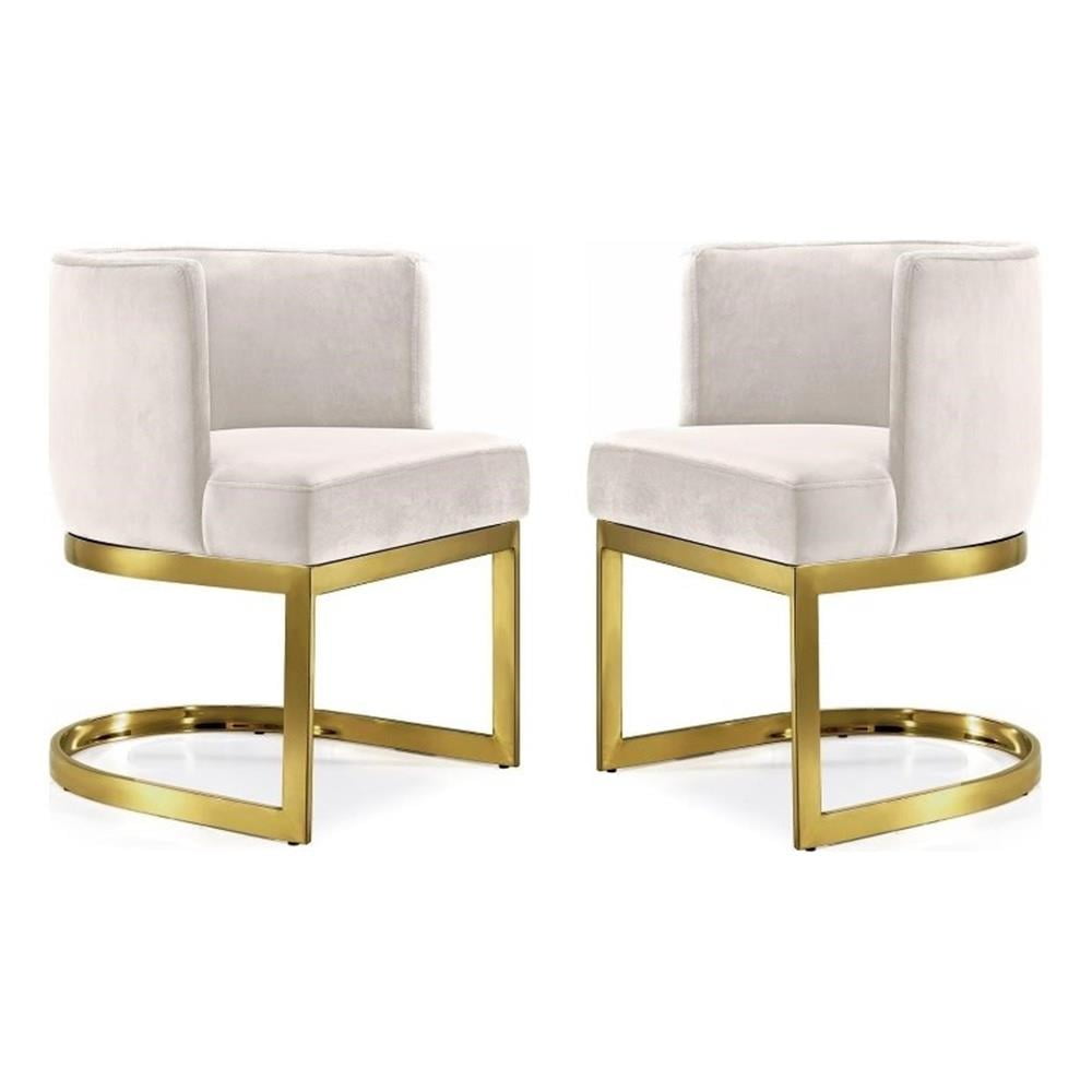 Cream Velvet Upholstered Arm Chairs with Gold Stainless Steel Base