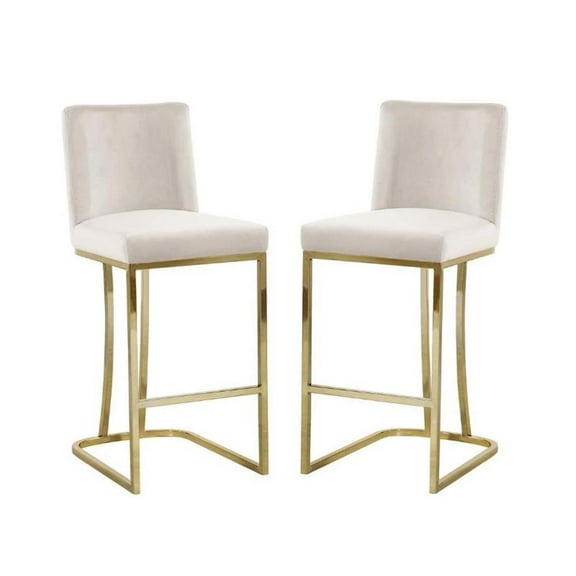 Home Square 2 Piece Upholstered Velvet Stool Set with Gold Metal Base in Cream