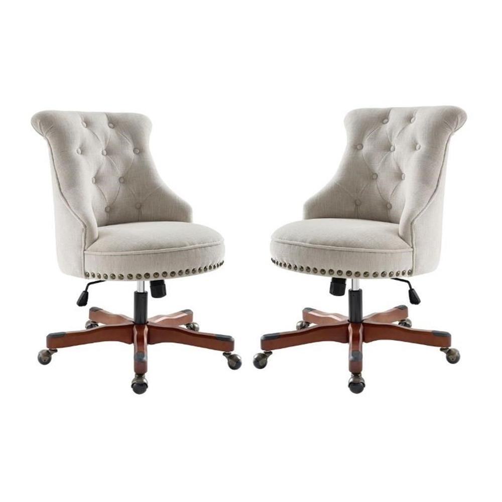 Natural Beige Upholstered Wood Office Chairs with Dark Walnut Base, Set of 2