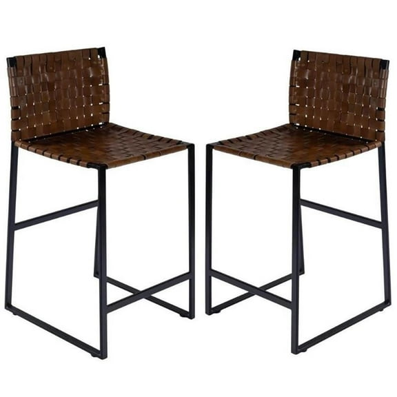 Home Square 2 Piece Urban Woven Leather Counter Stool Set in Brown