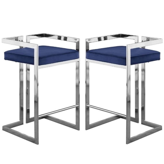 Home Square 2 Piece Velvet Counter Stool Set with Gray Metal Base in Navy
