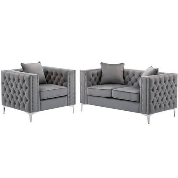 Home Square 2 Piece Velvet Fabric Loveseat and Chair Set in Gray