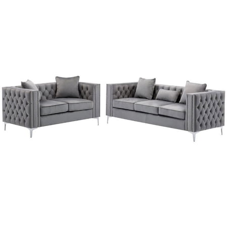 Home Square 2 Piece Velvet Sofa Set with Loveseat and Sofa in Gray