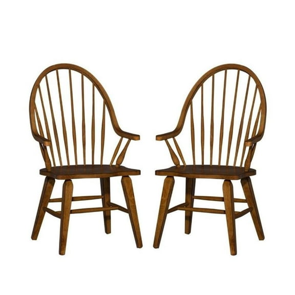 Home Square 2 Piece Windsor Back Wood Dining Arm Chair Set in Rustic Oak