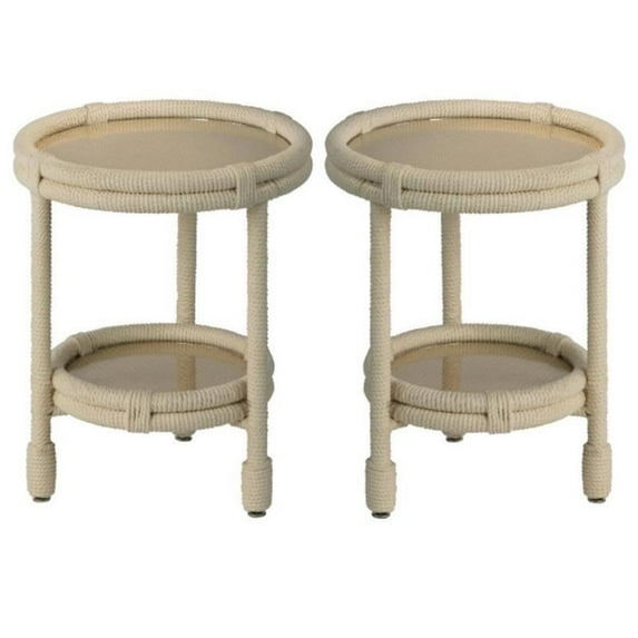 Home Square 2-Shelf Coastal Rattan & Rope Side Table in White - Set of 2