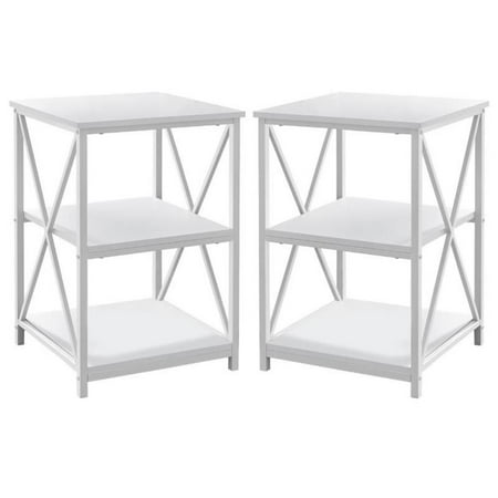 Home Square 2 Shelf Modern Square Wood Top X Frame End Table in White - Set of 2