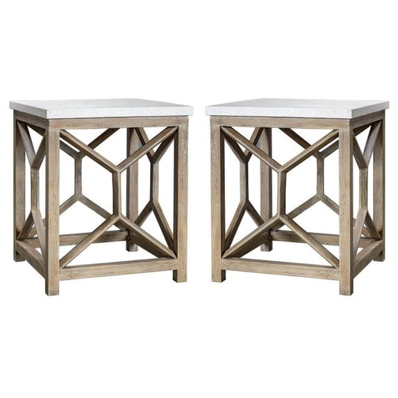 Home Square 22" Square Stone Top End Table in Ivory and Oatmeal - Set of 2