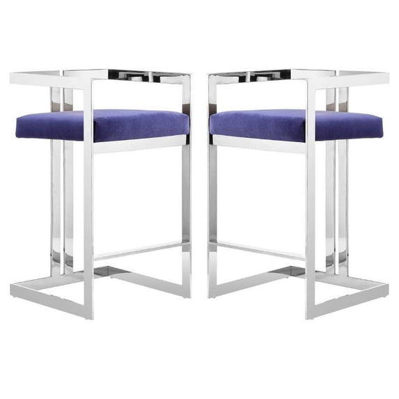 Home Square 23.6" Velvet/Steel Counter Stool in Navy/Silver - Set of 2