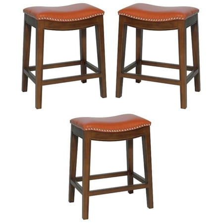 Home Square 24.5" Bonded Leather Counter Stool in Orange - Set of 3