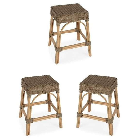 Home Square 24.5" Rattan & Mendong Grass Counter Stool in Brown - Set of 3