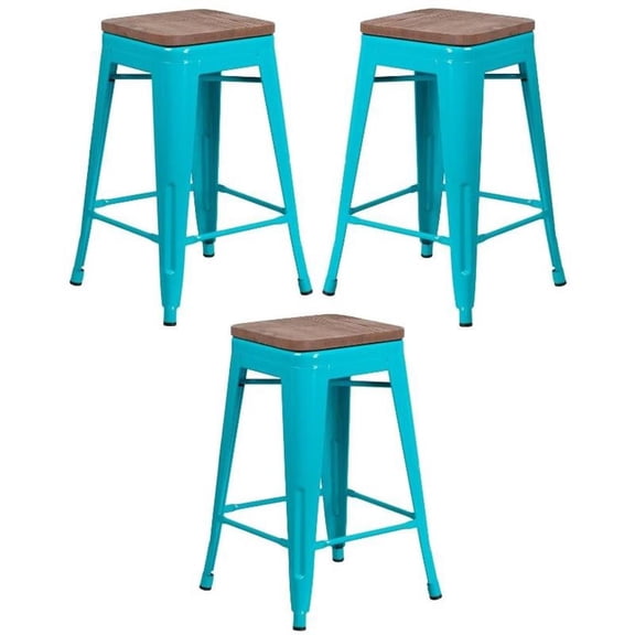 Home Square 24" Backless Metal Counter Stool in Crystal Teal - Set of 3