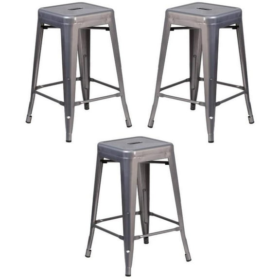 Home Square 24" Backless Metal Counter Stool in Gray Finish- Set of 3
