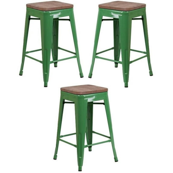 Home Square 24" Backless Metal Counter Stool in Green - Set of 3