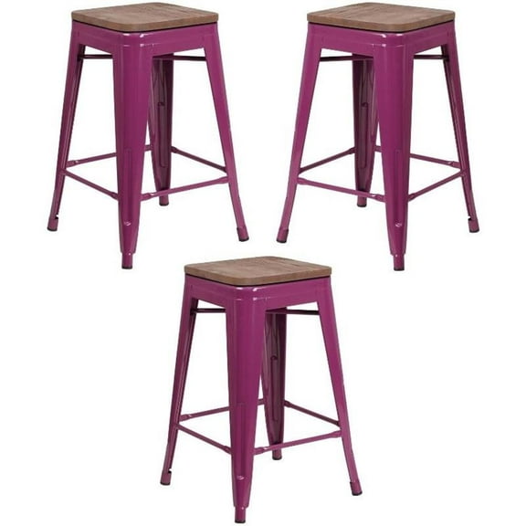 Home Square 24" Backless Metal Counter Stool in Purple - Set of 3