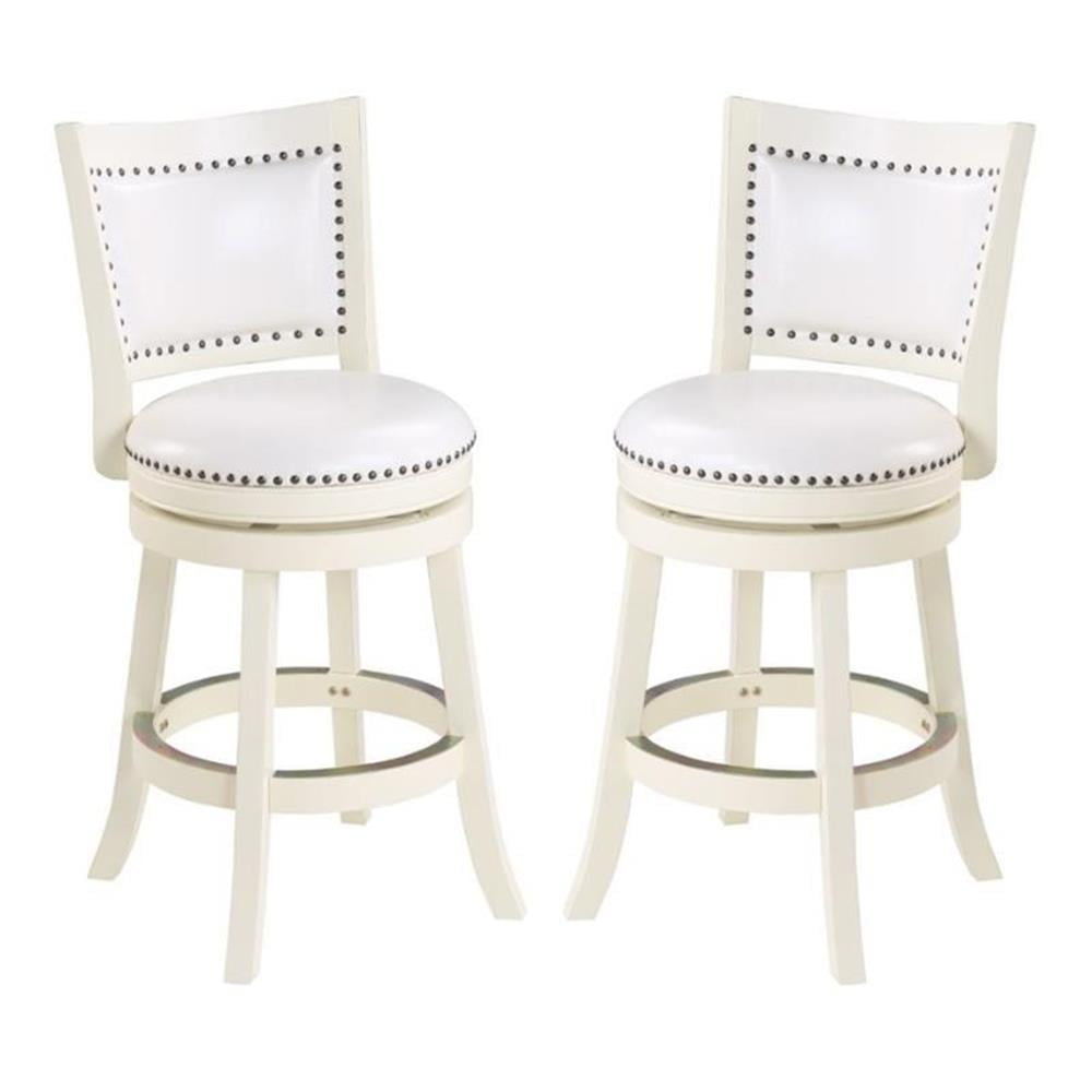 Distressed White Swivel Bar Stools with Faux Leather and Brass Nailhead Trim