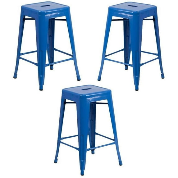 Home Square 24" Metal Backless Counter Stool in Blue - Set of 3