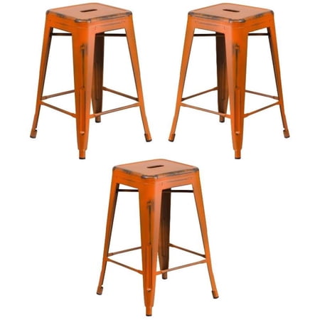 Home Square 24" Metal Backless Counter Stool in Distressed Orange - Set of 3