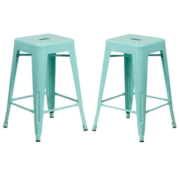 Home Square 24" Metal Backless Counter Stool in Mint Green - Set of 2