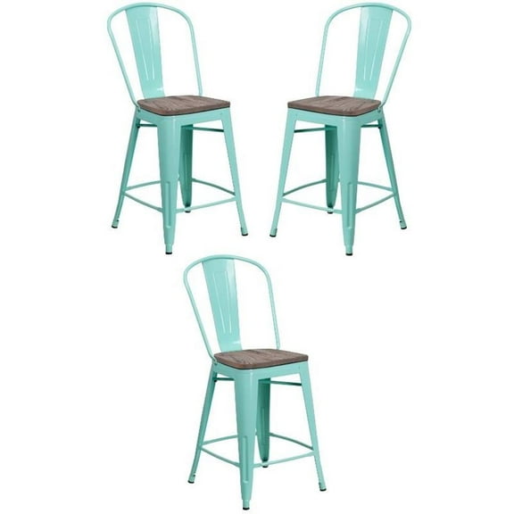 Home Square 24" Metal Counter Stool in Mint Green and Wood Grain - Set of 3