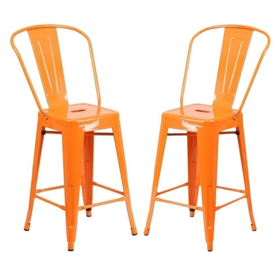 Home Square 24" Metal Counter Stool in Orange Finish - Set of 2