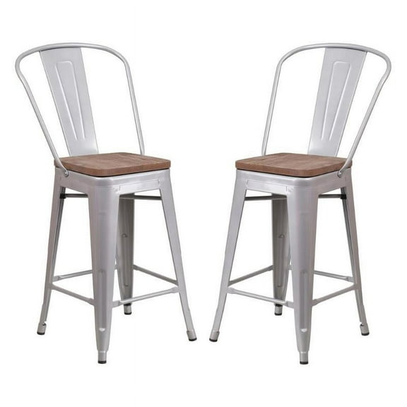 Home Square 24" Metal Counter Stool in Silver and Wood Grain - Set of 2