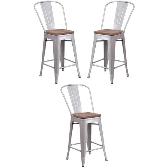 Home Square 24" Metal Counter Stool in Silver and Wood Grain - Set of 3