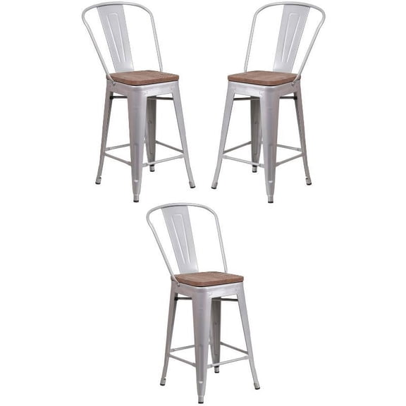 Home Square 24" Metal Counter Stool in Silver and Wood Grain - Set of 3