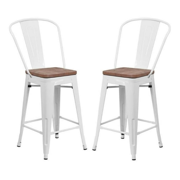 Home Square 24" Metal Counter Stool in White and Wood Grain - Set of 2