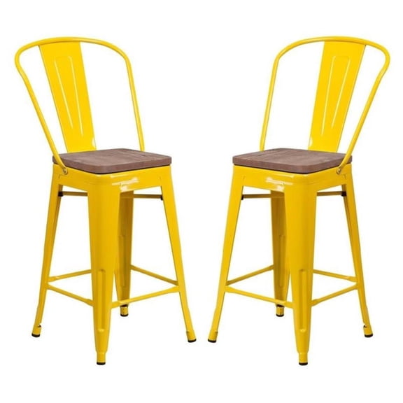 Home Square 24" Metal Counter Stool in Yellow and Wood Grain - Set of 2