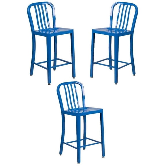 Home Square 24" Metal Vertical Slat Back Counter Stool in Blue - Set of 3