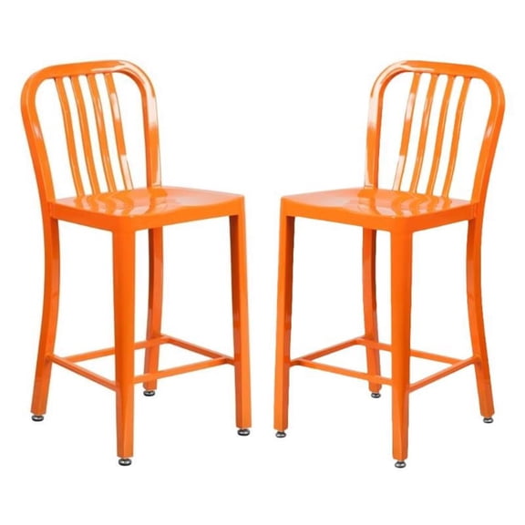 Home Square 24" Metal Vertical Slat Back Counter Stool in Orange - Set of 2