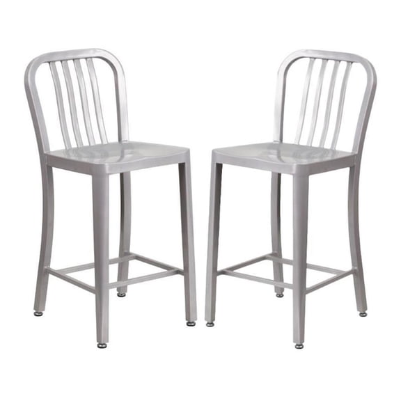 Home Square 24" Metal Vertical Slat Back Counter Stool in Silver - Set of 2
